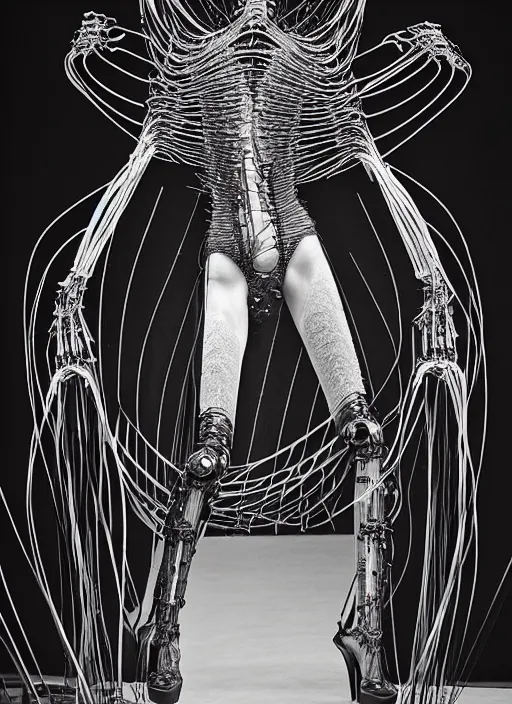 Prompt: walking down the catwalk, steven klein, mert alas and marcus piggott, show, stage, vogue photo, podium, fashion show photo, iris van herpen, beautiful woman, full body shot, masterpiece, inflateble shapes, giger, plant predator, guyver, jellyfish, wires, veins, biomechanical details, bionic cyborg implants, colourfull