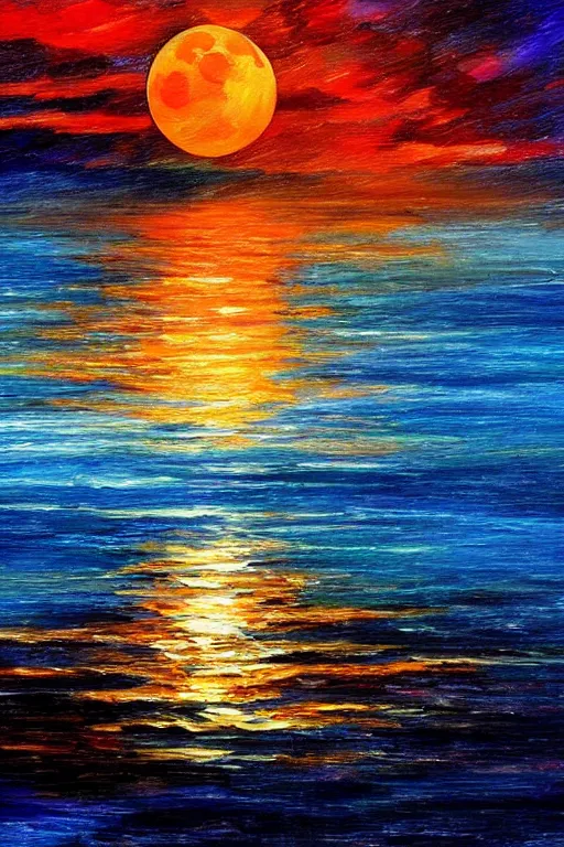 Prompt: red moon reflecting in the sea, night, low angle, in the style of Afremov Leonid