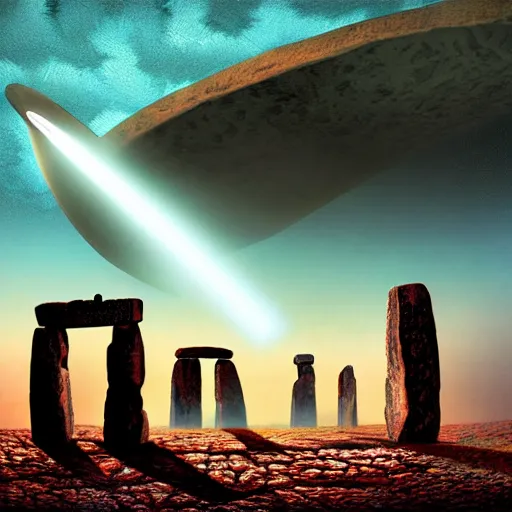 Image similar to stonehenge on mars being abducted by ufo beam, Mark Ryden style, vivid colors, high details, cinematic, 8k resolution, beautiful detailed, photorealistic, digital painting, dark atmosphere, artstation, concept art, smooth, sharp focus, illustration, fantasy background, artstation trending, octane render, unreal engine