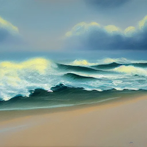 Image similar to a ufo flying close to the water out in the ocean, oil painting, rough waves, mysterious, ambient lighting,