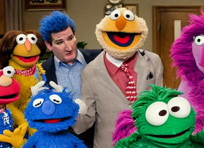 Image similar to ted cruz getting beaten up and punched and kicked by a gang of muppets on sesame street