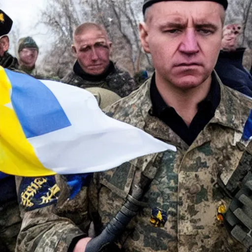 Image similar to Joe Biden fights in the azov battalion in the Ukraine War holding a ukrainian flag