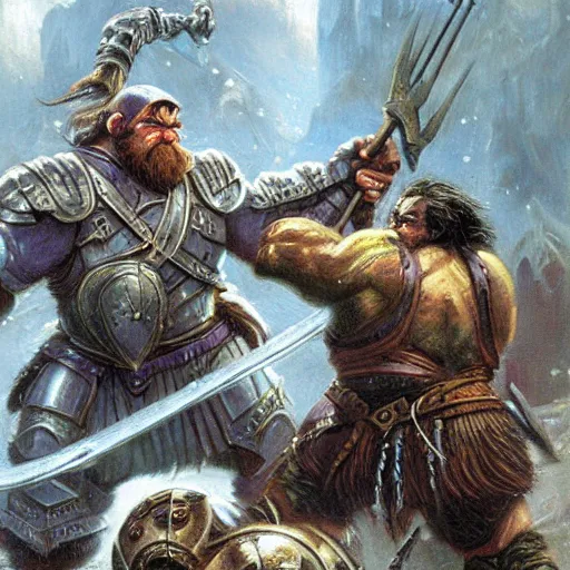 Image similar to Dwarven iron guard fighting a troll. lotr. Epic painting by james gurney.