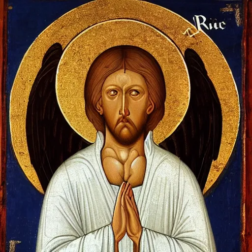 Image similar to realistic medieval painting portrait of white angel with clean narrow face like noface, 3 / 4, miracle light coming up from the head up and up, misty space, grace and blessing, by andrei rublev, renaissance, christianity, marble stone, glow effect, white background