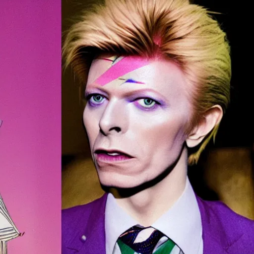 Image similar to a photo of blond david bowie in purple jacket and light-green shirt in style of Kira Yoshikage