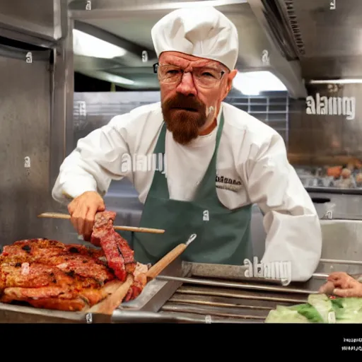 Image similar to walter white as a kebab seller kebab cutting meat