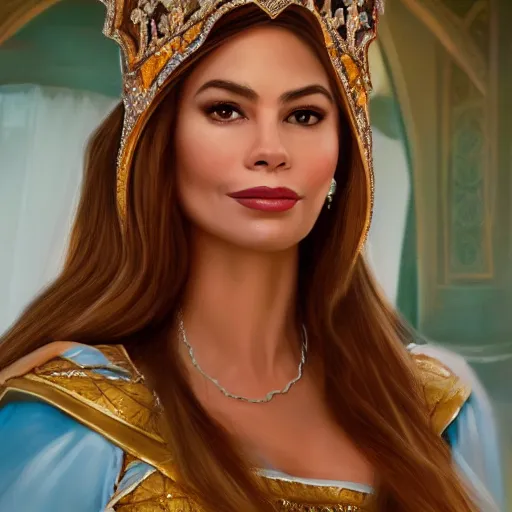 Image similar to a portrait of sofia vergara as an arabian princess in a disney movie, crown!! oil painting, pale colors, high detail, 8 k, wide angle, trending on artstation,