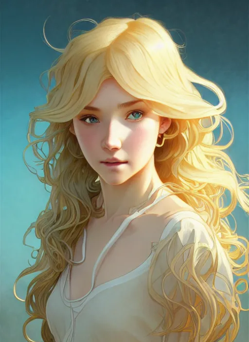 Prompt: young woman with medium - length, curly, golden hair, aquamarine eyes, natural lighting, path traced, highly detailed, high quality, cartoon, digital painting, by new haicheng and ross tran and studio ghibli and alphonse mucha