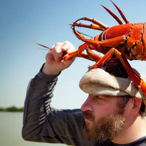 Image similar to photo of man with a crayfish on his head, realistic