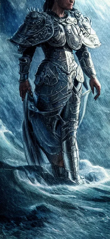 Image similar to armor made of water, made of liquid, rising up from ocean, water armor, high detail, high contrast, medium close up portrait, studio lighting, stormy seas, beautiful, bokeh, snowy, storm clouds, god rays, d & d, fantasy, elegant, aquamarine color palette, concept art, roger deakins and greg rutkowski and alphonse mucha