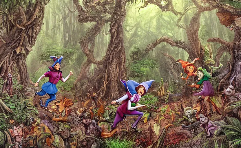 Image similar to a scene of cartoon elves running through a clearing in a dark fantasy forest surrounded by darkness and monster trees. hyperrealist illustration. muted colors. 1 9 7 0's pulp science fiction and fantasy cartoon for alice in wonderland and wizard of oz. highly detailed and richly colored painting by don ivan punchatz and basil gogos. trending on artstation