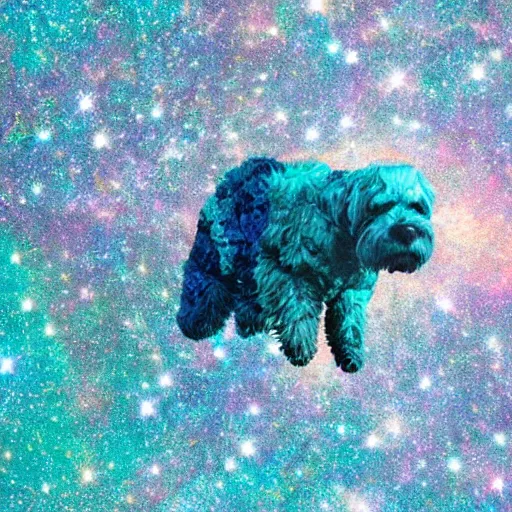 Image similar to a photograph of a huge dog in space made of turquoise colored crystals