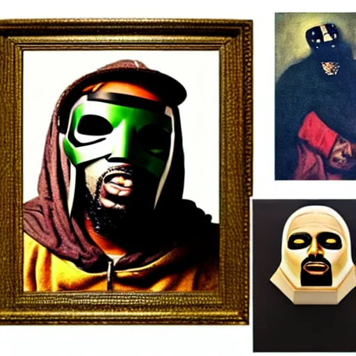 Prompt: high quality celebrity painting of rap artist mf doom, hip hop artist mf doom portrait by the old dutch masters, wearing a roman gladiator mask, 1 0 ¢ pieces in background, rembrandt, hieronymous bosch, frans hals