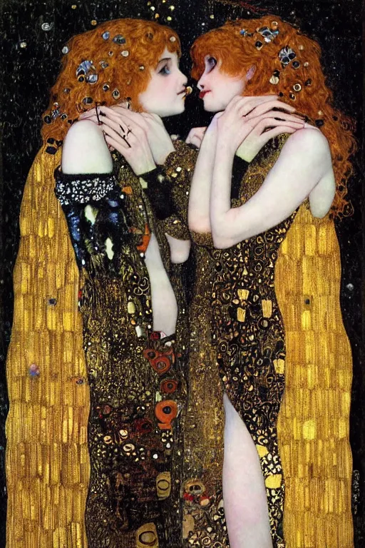 Prompt: two beautiful young gothic maidens, angel and demon, kiss, highly detailed, artstation, illustration, art by Gustav Klimt