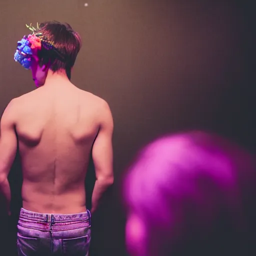 Image similar to close up kodak portra 4 0 0 photograph of a skinny guy standing in a vip club bathroom, back view, flower crown, moody lighting, telephoto, 9 0 s vibe, blurry background, vaporwave colors, faded!,