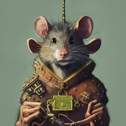 Prompt: a detailed portrait of a rat guardian holding a key, by victo ngai and justin gerard, digital art, realistic painting, very detailed, fantasy, high definition, character design, dnd, trending on artstation