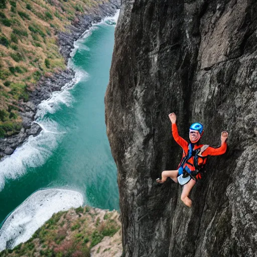 Image similar to elderly man base jumping from a cliff, smiling, happy, cliff, base jumping, parachute, nature, canon eos r 3, f / 1. 4, iso 2 0 0, 1 / 1 6 0 s, 8 k, raw, unedited, symmetrical balance, wide angle