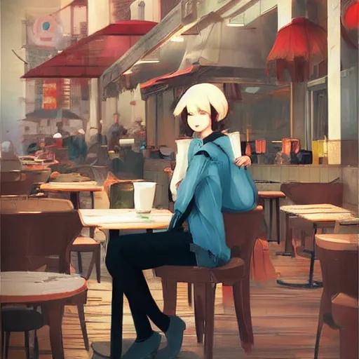 Prompt: woman sitting in a cafe in China, digital art by guweiz, trending on artstation, featured on Pixiv