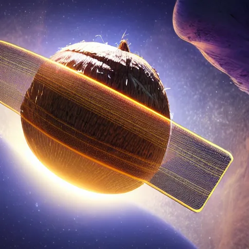 Image similar to an artist's rendering of a coconut satellite in space, a digital rendering by carl eugen keel, featured on cg society, space art, redshift, anamorphic lens flare, reimagined by industrial light and magic