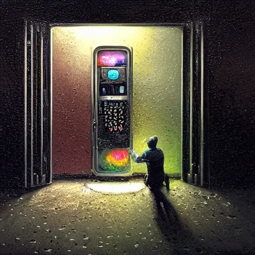 Prompt: a man in a rainy alleyway placing a coin in a vending machine which opens an alien portal, vivid caustics into another universe, realistic photography, beautiful interior, hyperrealism, incredible, award - winning photography, by greg rutkowski, lovecraftian