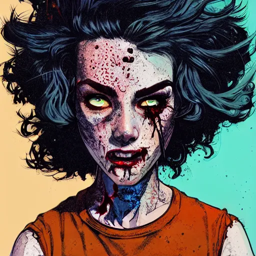 Image similar to Highly detailed portrait of a punk zombie young lady with freckles and brown curly hair hair by Atey Ghailan, by Loish, by Bryan Lee O'Malley, by Cliff Chiang, was inspired by image comics, inspired by scott pilgrim, inspired by graphic novel cover art !!!electric blue, brown, black, yellow and white color scheme ((grafitti tag brick wall background))