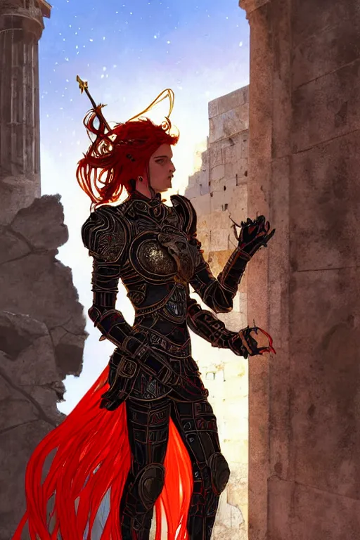 Image similar to portrait knights of Zodiac girl, metallic black and red color reflected armor, in ruin Agora of Athens sunset, ssci-fi, fantasy, intricate, natural atmosphere, cinematic lighting, elegant, golden light, highly detailed, digital painting, concept art, smooth, sharp focus, illustration, art by tian zi and loish and greg rutkowski and alphonse mucha and WLOP