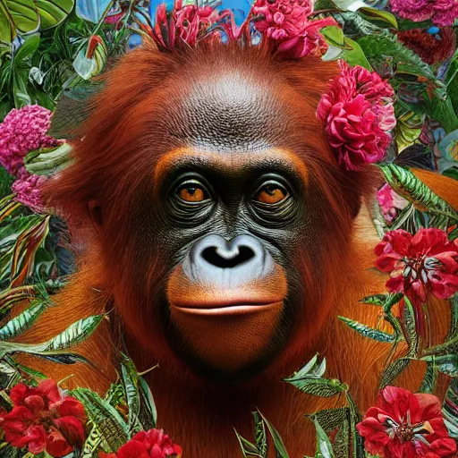 Prompt: portrait of an orang - utan surrounded by hummingbirds and fine floral ornaments, eye - level medium - angle shot, intricate, floral background, by esao andrews, by m. w. kaluta, by yoshita amano, intricate, symmetrical, natural lighting, smooth, 3 d octane render, depth perception, 4 k,, artstation