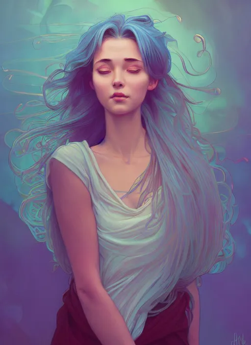 Image similar to handsome young women with shoulder length light blue hair, half body shot, path traced, highly detailed, high quality, digital painting, alena aenami, lilia alvarado, shinji aramaki, karol bak, alphonse mucha, tom bagshaw