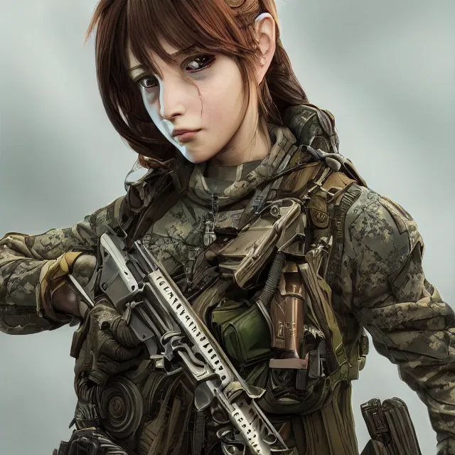 Image similar to the photorealistic portrait of lawful neutral female futuristic marine sniper as absurdly beautiful, gorgeous, elegant, young anime gravure idol, an ultrafine hyperdetailed illustration by kim jung gi, irakli nadar, intricate linework, bright colors, octopath traveler, final fantasy, unreal engine 5 highly rendered, global illumination, radiant light, detailed and intricate environment