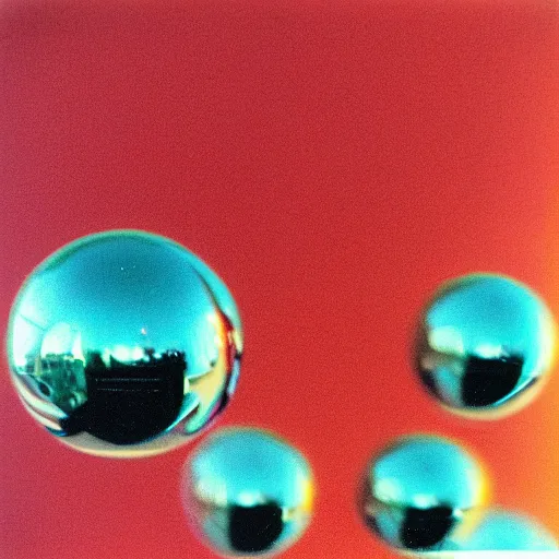 Prompt: chrome spheres on a red cube, polaroid sx-70 photograph