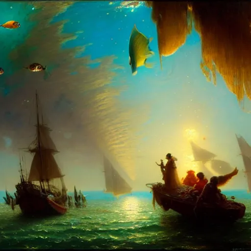Image similar to i am at the bottom of the ocean looking up, see fishes swimming, see the milk way up above through the water, night time, midnight. highly detailed painting by gaston bussiere, greg rutkowski 8 k