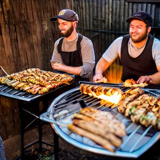 Image similar to two guys in night at the yard grilling kebabs and one guy playing guitar