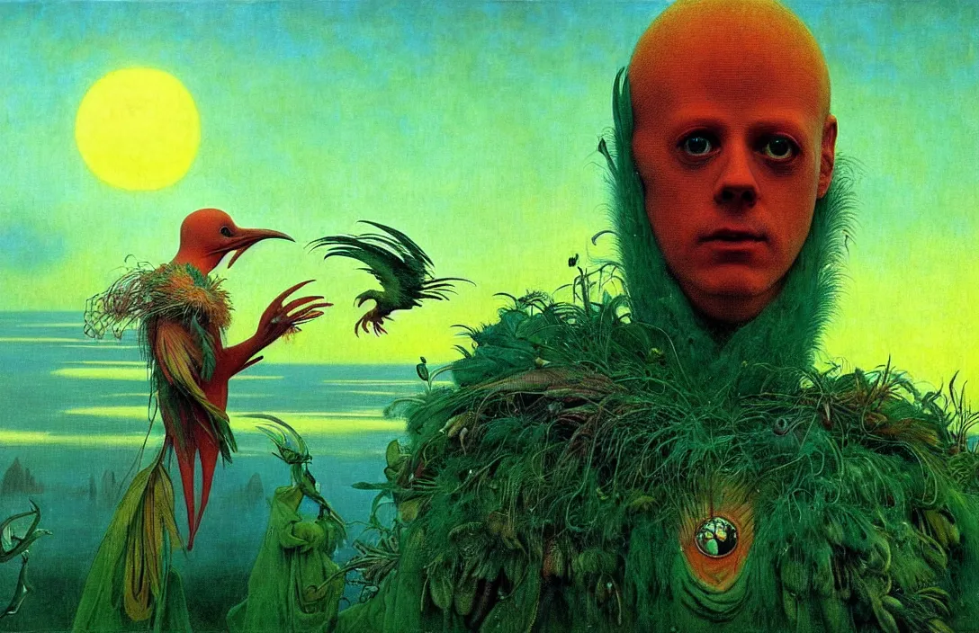 Image similar to realistic detailed portrait movie shot of a birdman wearing green ragged robes, sci fi city sunset landscape background by denis villeneuve, amano, yves tanguy, alphonse mucha, ernst haeckel, max ernst, roger dean, masterpiece, rich ethereal colours, feathers, creepy, occult, blue eyes