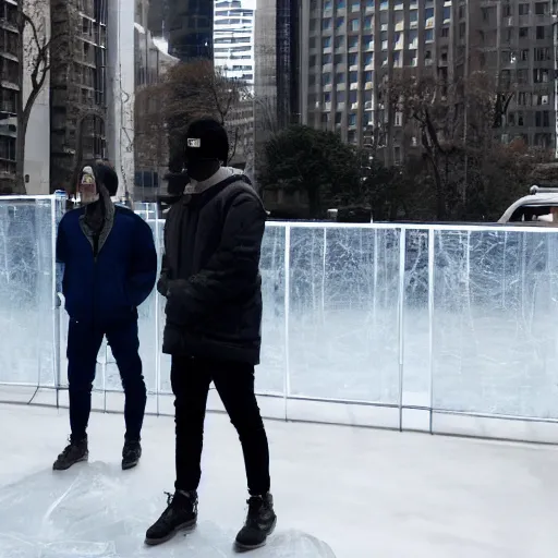 Image similar to see through clear sheet of ice in front of man man behind ice