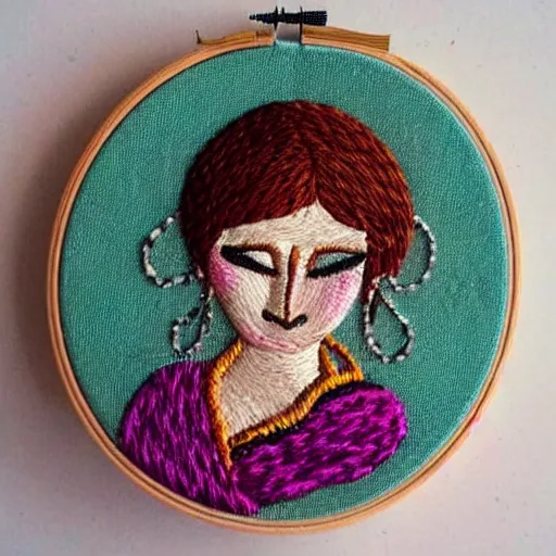 Prompt: a tiny beautiful handmade embroidery of a woman. hand embroidery.