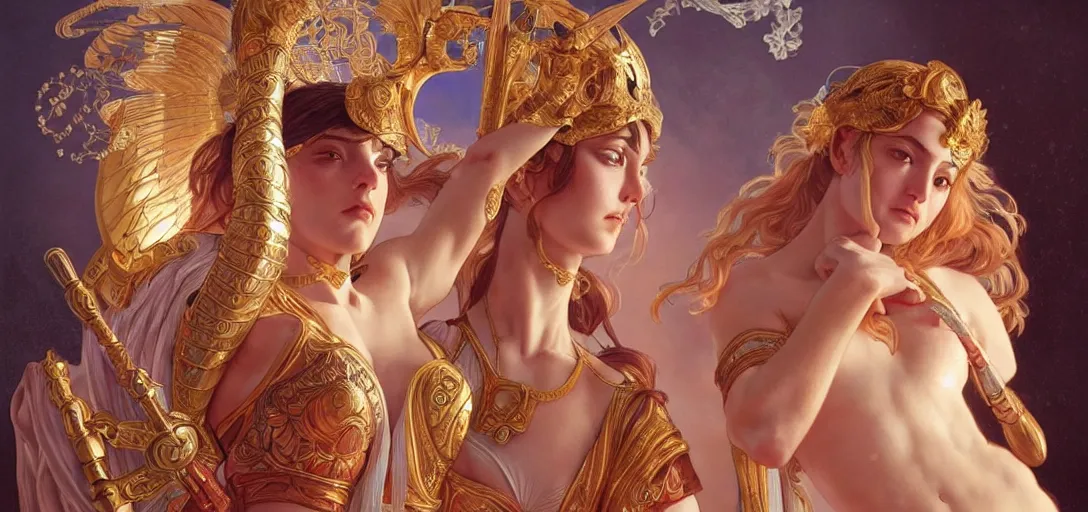 Image similar to symmetry!! intense fanart of 3 / 4 front pose of athena the goddess of war next to aphrodite the goddess of love, intricate, elegant, highly detailed, my rendition, digital painting, artstation, concept art, smooth, sharp focus, illustration, art by artgerm and greg rutkowski and alphonse mucha