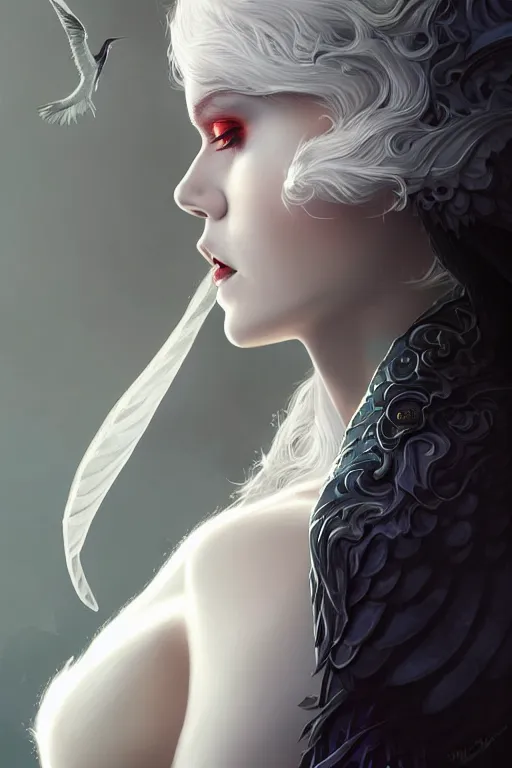 Prompt: a portrait of white witch queen with raven, fantasy, sharp focus, intricate, elegant, digital painting, artstation, matte, highly detailed, concept art, illustration, ambient lighting, art by ilya kuvshinov, artgerm, jingna zhang, and greg rutkowski