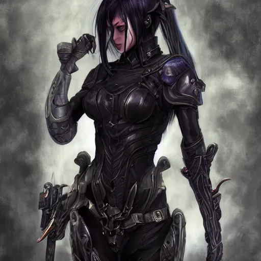 Image similar to portrait of a female dark elf witch by ayami kojima, she is about 2 0 years old, american, black hair, introvert, she is wearing a modern tactical gear, scifi, highly detailed portrait, digital painting, artstation, concept art, smooth, sharp foccus ilustration, artstation hq