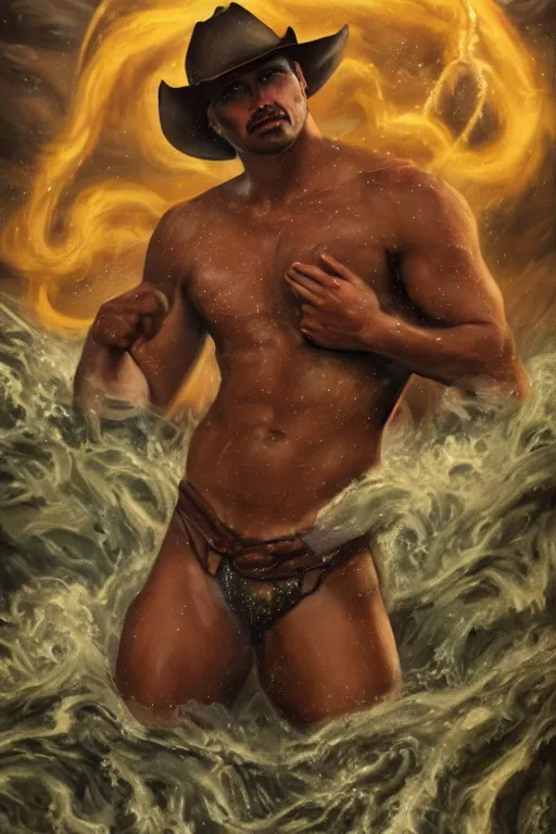 Prompt: a dramatic, epic, ethereal tarot painting of a handsome! brown shirtless cowboy | background is a torrential flooding river | tarot!! card, art deco, art nouveau | by Mark Maggiori | trending on artstation