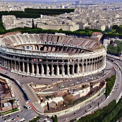 Prompt: Roma's coliseum in the middle of the city of Paris, highly detailed