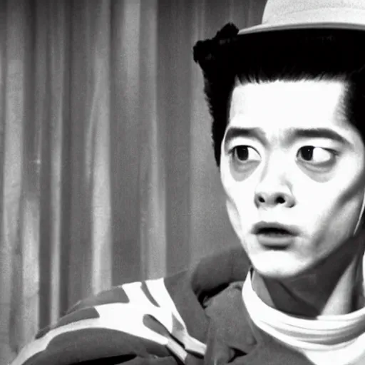 Image similar to a film still of Josuke Higashikata from Jojolion in ''Eraserhead''(1977)