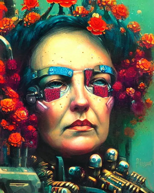 Prompt: flowerpunk portrait of an old cyborg queen victoria by paul lehr