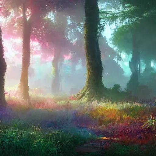 Prompt: concept art painting of a mystical colorful forest, with fog and strange colorful plants, realistic, detailed, cel shaded, in the style of makoto shinkai and greg rutkowski and james gurney