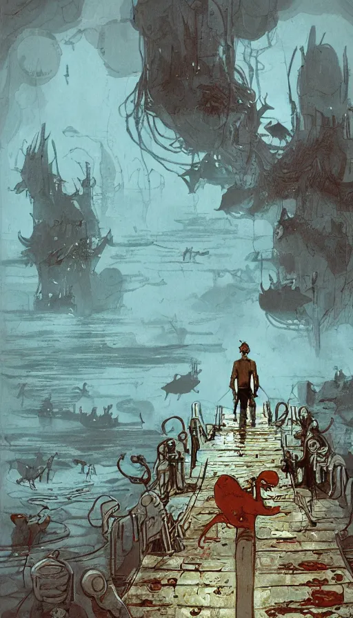 Prompt: man on boat crossing a body of water in hell with creatures in the water, sea of souls, by ian mcque