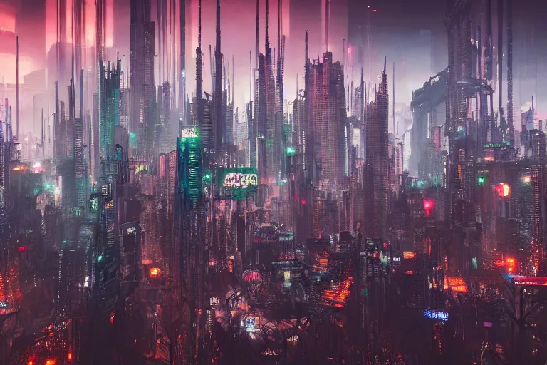 Prompt: dense and detailed dystopian cyberpunk city skyline, multicolored, 8k