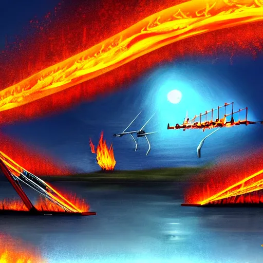 Image similar to in the lower part of the picture is the harp burning in the fire, above are cranes flying in flames, digital painting, concept art