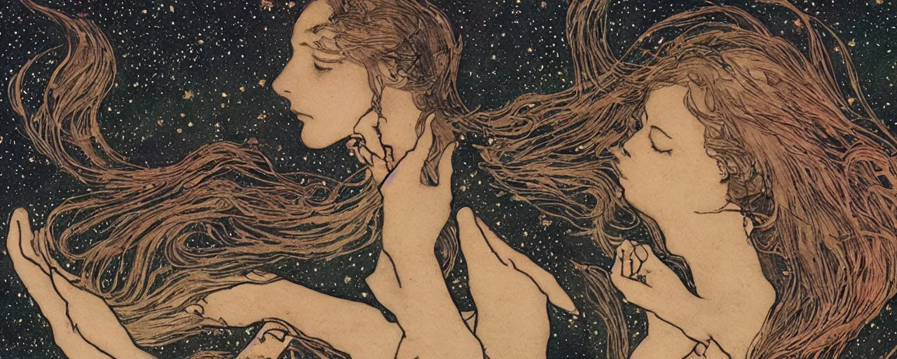 Prompt: watercolour painting in a spellbook of a sleeping woman on a dark beautlful starry night, constellations by charles vess and mucha and titian on black matte very textured paper