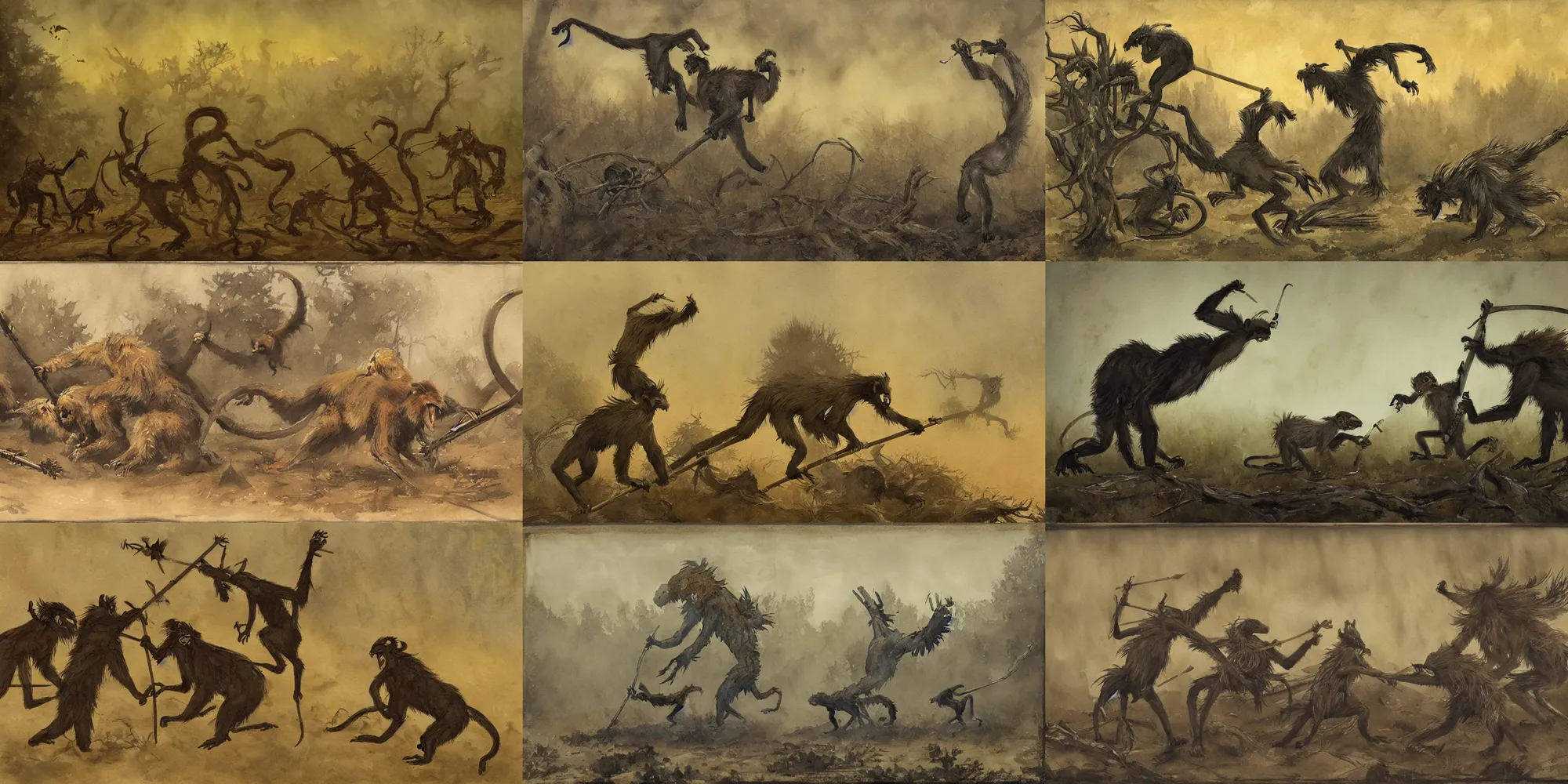 Prompt: battle scene with squabbling long - eared crow - monkeys with pitchforks fighting a juniper - bear monster creature | tonalist, art nouveau, inks, watercolor wash, chiaroscuro, grisaille, mud, high contrast, backlighting, dust, golden hour