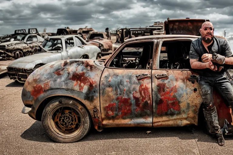 Image similar to Brian O'Connor in Mad Max Road Warrior, driving a rusted!, beat up Nissan ((R34 GTR)), XF IQ4, 150MP, 50mm, F1.4, ISO 200, 1/160s, natural light, Adobe Photoshop, Adobe Lightroom, photolab, Affinity Photo, PhotoDirector 365