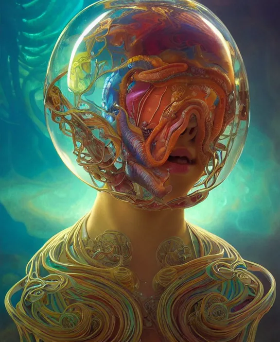 Image similar to intricate colorful transparent portrait of a disturbing beautiful alien mollusk creature, mottled coloring, adorable, childlike, underwater environment, ultra realistic, concept art, art nouveau, photorealistic, octane render, 8 k, unreal engine. art by christopher marley and artgerm and greg rutkowski and alphonse mucha